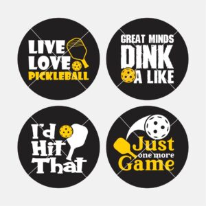 4-pack magnet set with pickleball humor. Colors are black white and yellow.